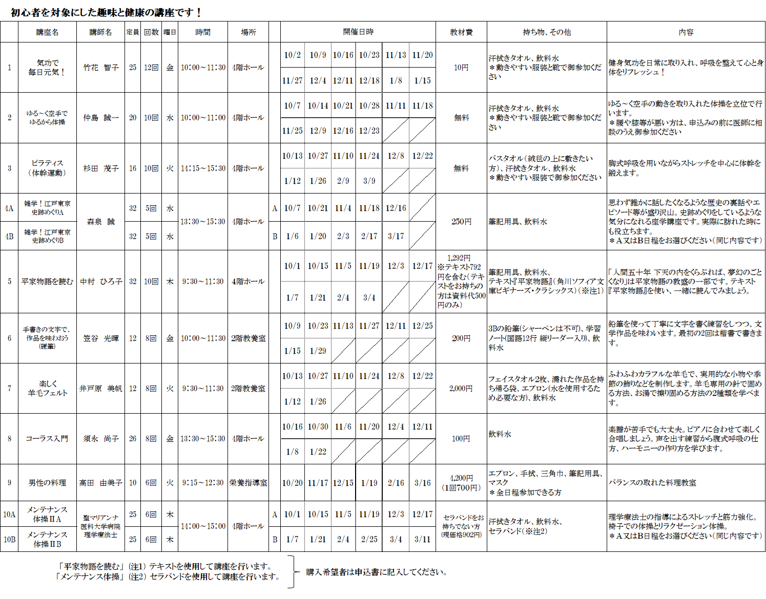 令和８年度　宮前いきいきセンター後期講座(１０月～３月)