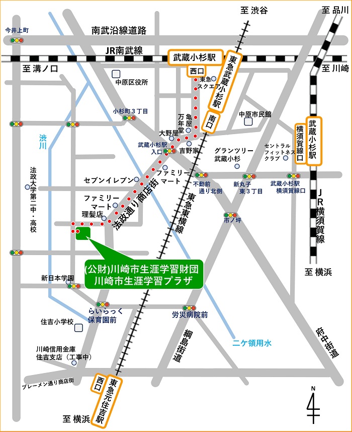 南武線武蔵小杉駅からの場合西口からでて亀屋万年堂を右にまわり法政通りを通りファミリーマート理髪店と隣りあっているところがありその理髪店を右にまわると川崎市生涯学習財団になります