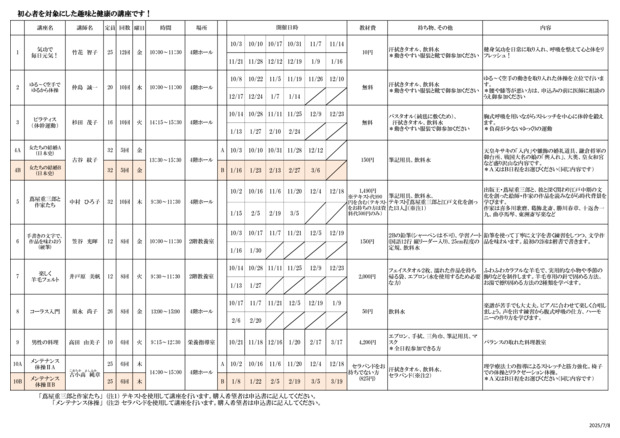 令和７年度　宮前いきいきセンター後期講座(１０月～３月)