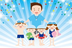 水着姿の子ども達とコーチのイラスト
